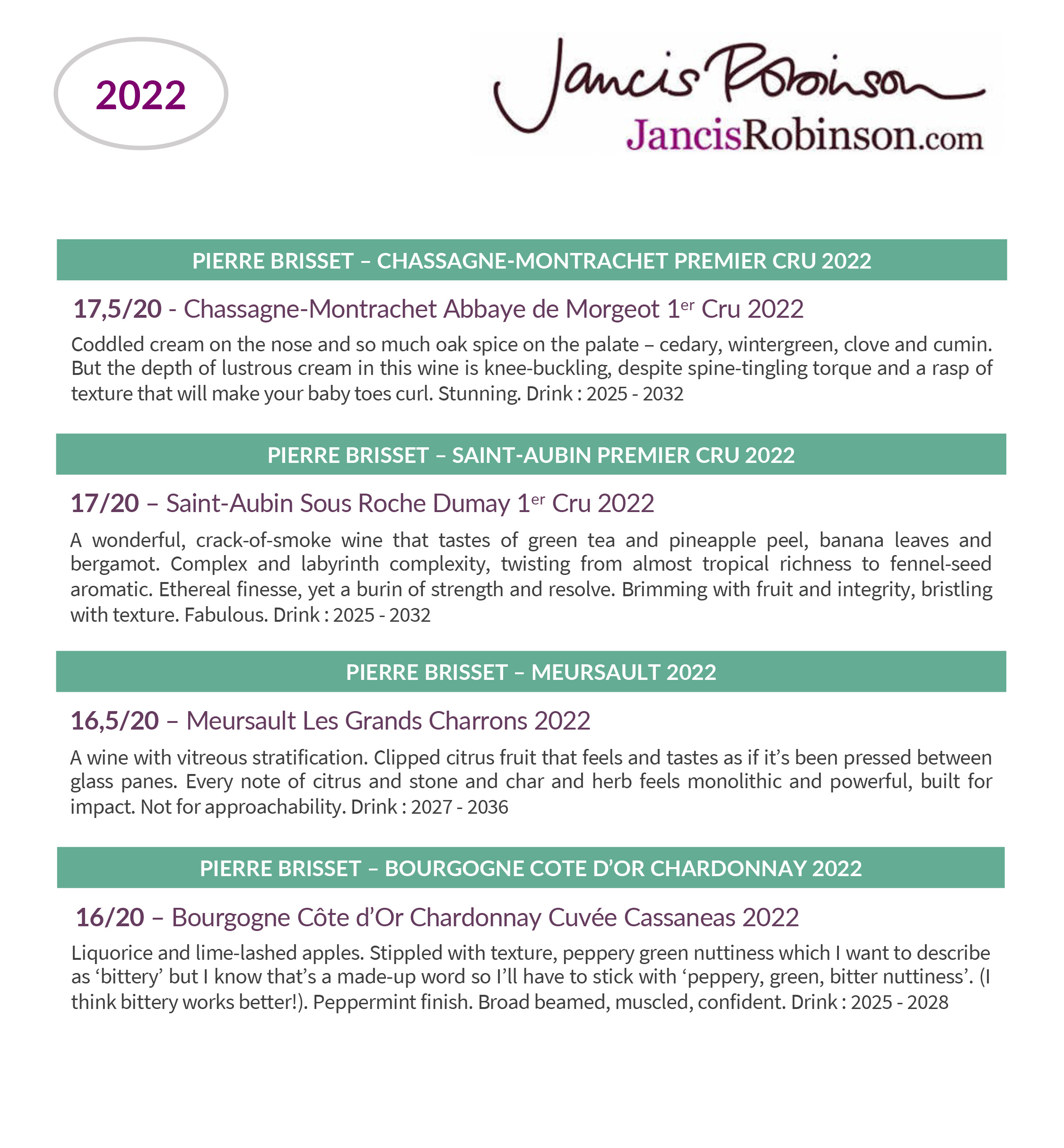 Vins blancs Pierre Brisset millesime 2022 : Notes de degustation de Jancis Robinson